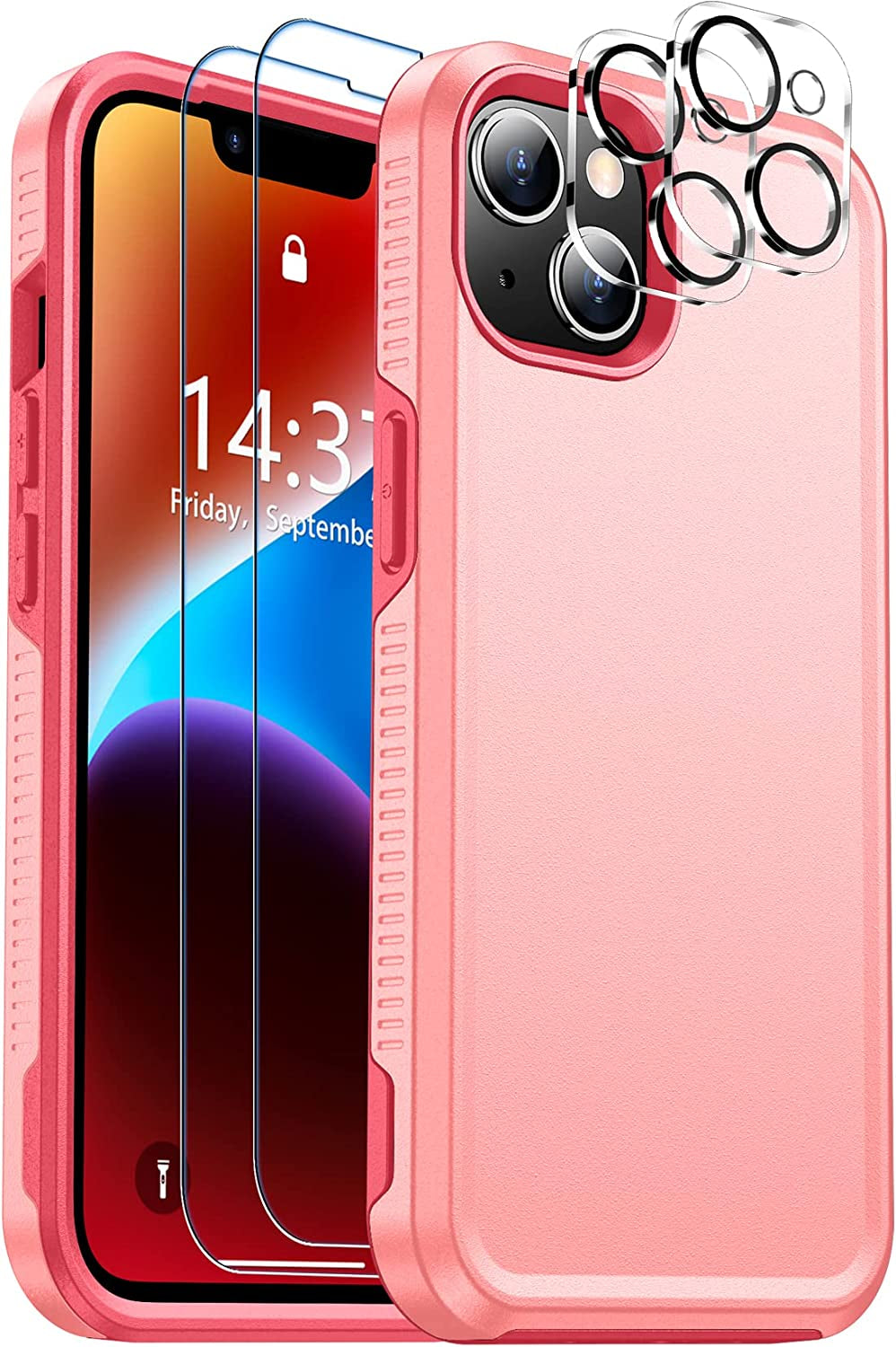 Justcool Designed for Iphone 14 plus Case, [Crystal Clear Not Yellowing] with [2 Pcs Tempered Glass Screen Protectors & 2 Pcs Camera Lens Protector] Slim Thin Protective Phone Case (Clear)  Justcool Pink Iphone 14 Plus 