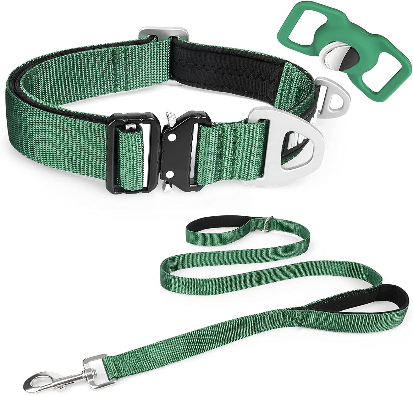 MOOGROU Dog Collar with Airtag Holder,Quick-Release Metal Buckle Heavy Duty Pet Collar for Small Medium Large Dogs,Premium Adjustable Nylon Airtag Dog Collar with Soft Neoprene Padded Comfy Brown 1.2"  MOOGROU Army grn-Collar Leash Set Size 3-Width 1.5" 