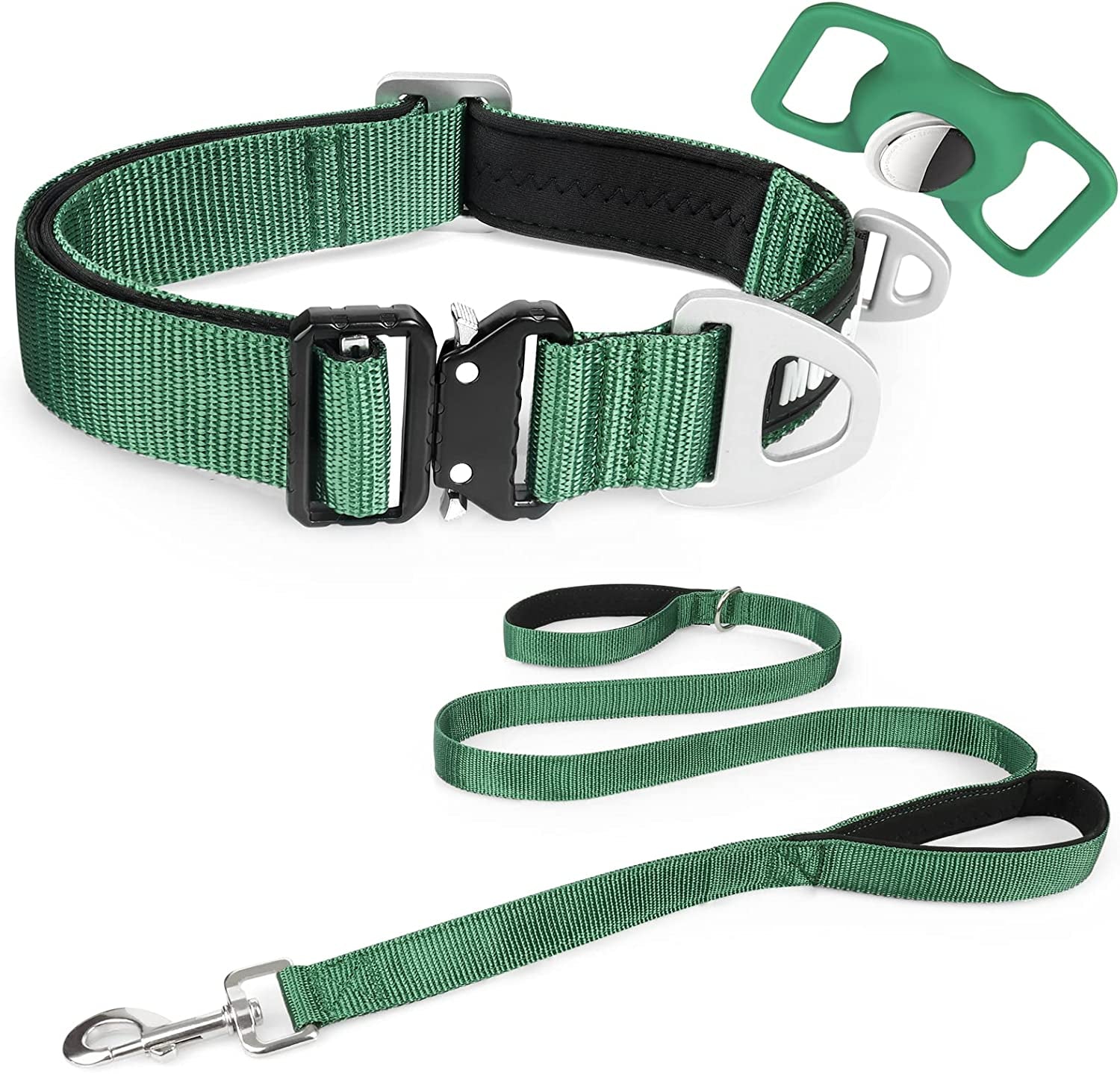 MOOGROU Dog Collar with Airtag Holder,Quick-Release Metal Buckle Heavy Duty Pet Collar for Small Medium Large Dogs,Premium Adjustable Nylon Airtag Dog Collar with Soft Neoprene Padded Comfy Brown 1.2"  MOOGROU Army grn-Collar Leash Set Size 3-Width 1.5" 