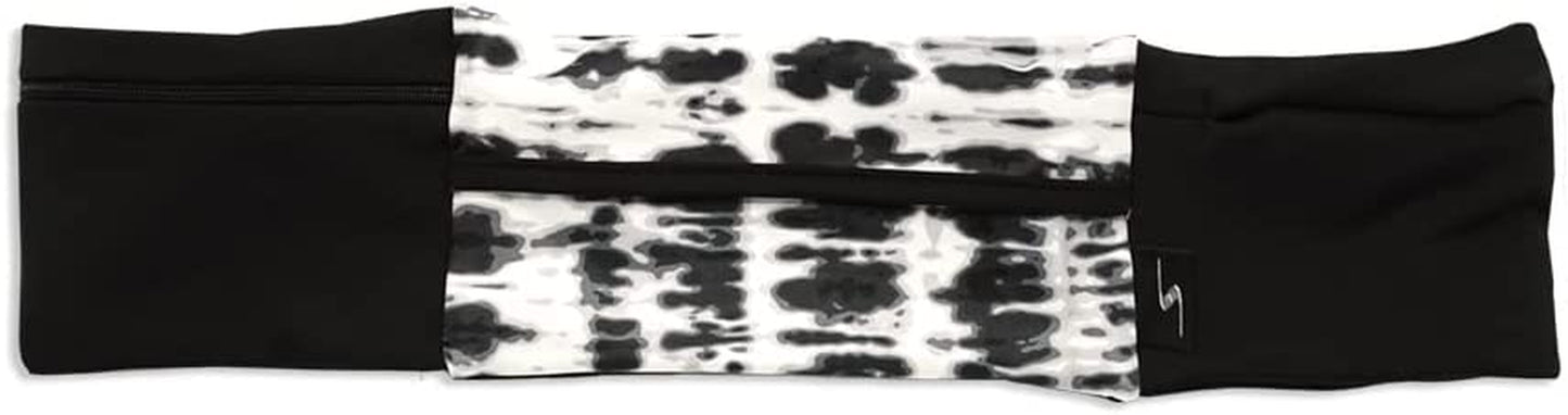 3 Pocket Adjustable Running Belt Waist Pack, Fanny Pack for Working Out with Sweat Resistant Backing, Holds All Iphone Models  Sprigs Tie Dye/Black Small/Medium 