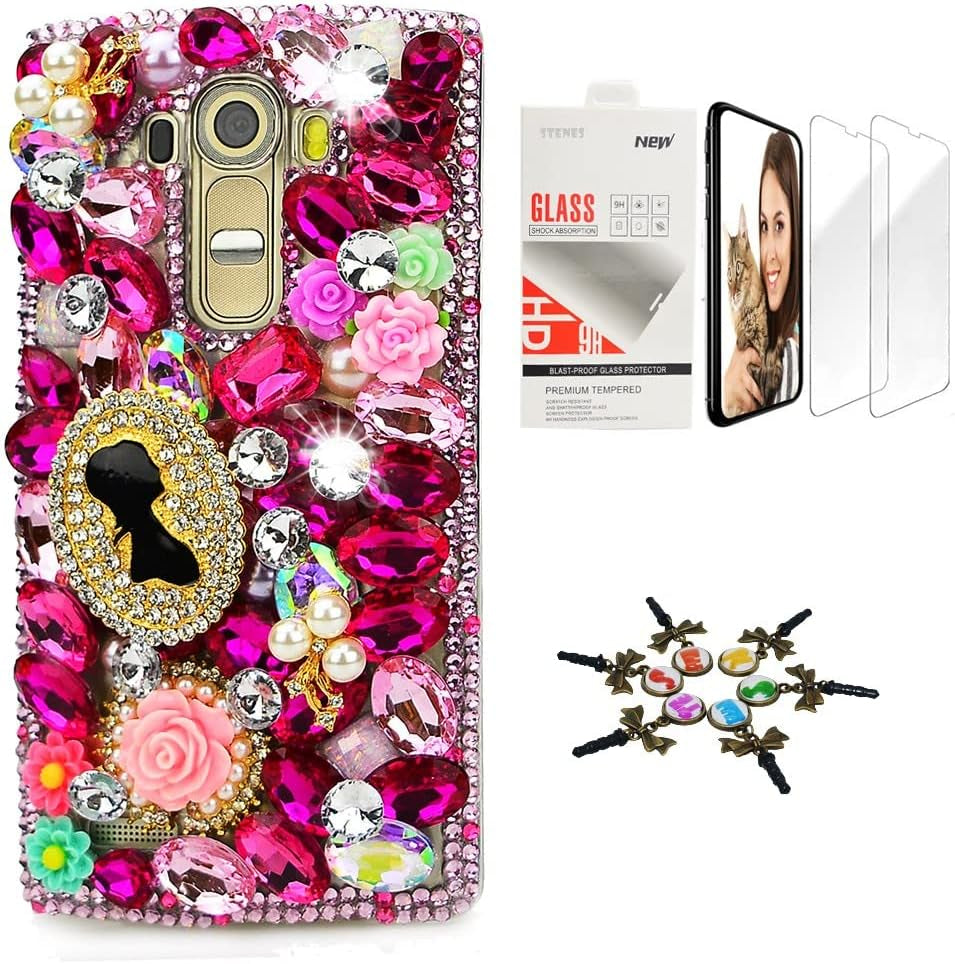 STENES Bling Case Compatible with LG G6 / LG G6 plus - Stylish - 3D Handmade [Sparkle Series] Pretty Butterfly Bowknot Rose Flowers Design Cover with Screen Protector [2 Pack] - Colorful  STENES Pretty Girls Statue Rose Flowers / Red Design For Lg V35 Tinq 