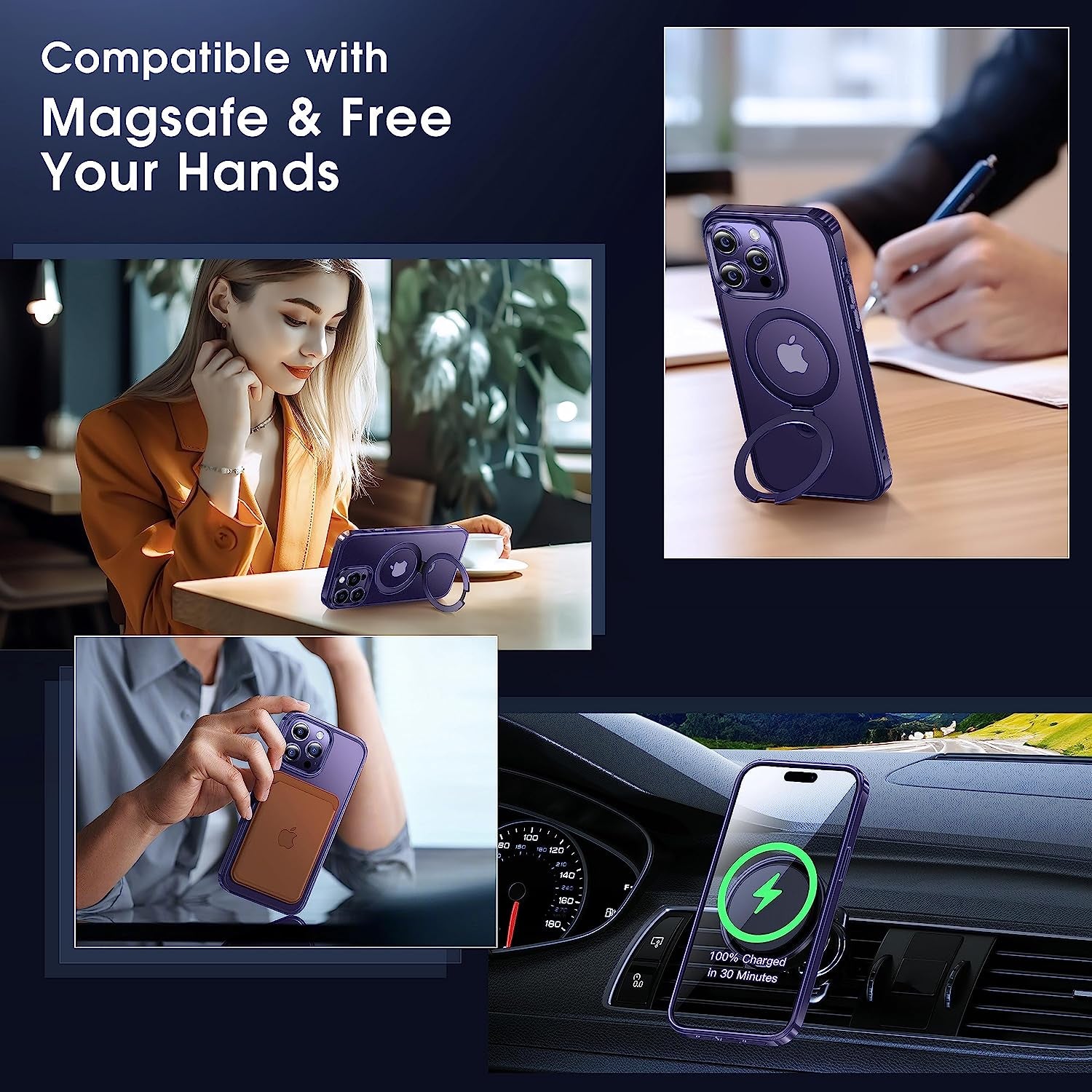 Alphex Invisible Stand Magnetic Case for Iphone 14 Pro [Look as Bare Iphone][Compatible with Magsafe] Military Grade Shockproof Matte Slim Phone Cover Ring Holder Women Men 6.1 Inch, Deep Purple  Alphex   