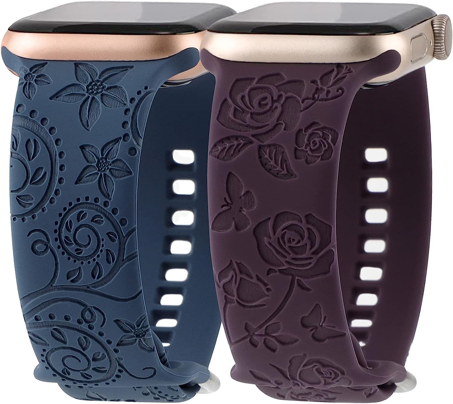 Flower Engraved Bands Compatible with Apple Watch Band 41Mm 40Mm 38Mm 44Mm 42Mm 45Mm 49Mm, Cute Women Floral Soft Silicone Sport Replacement Strap for Iwatch Series Ultra SE 8 7 6 5 4 3 2 1  TERKOWQI Navy Blue Dark Cherry 42mm/44mm/45mm/49mm 