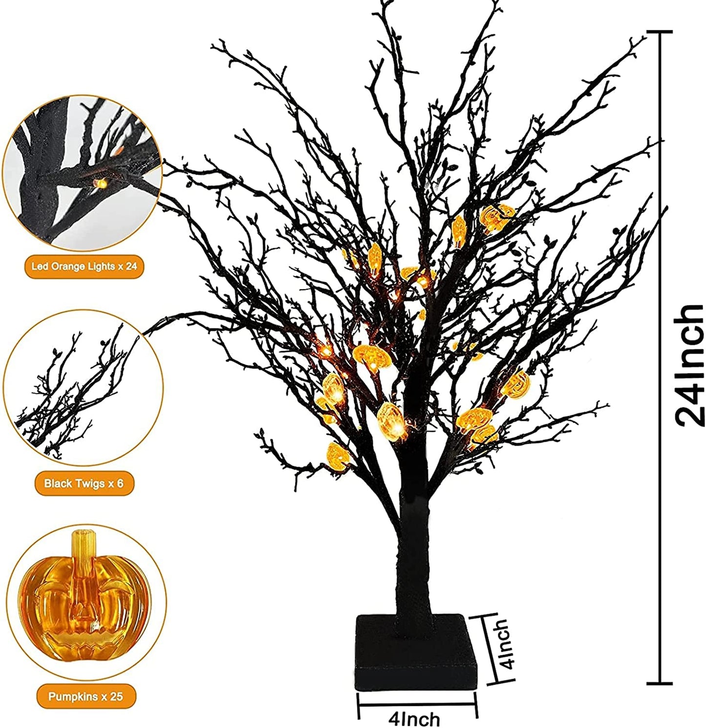 [ Timer ] 24”/ 2FT Prelit Halloween Trees Decorations with Timer 24 Orange LED 25 Pumpkin Battery Powered Halloween Black Spooky Tabletop Tree Scary Ornament Halloween Decoration Indoor Home Party  TURNMEON   