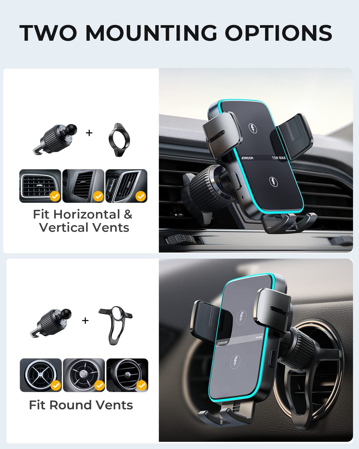 Wireless Car Charger Phone Mount: Dual Coil Joyroom LED Qi 15W Cell Phone Fast Charging Vent Holder with Auto Smart Sensor Clamping for Iphone 14 13 12 11 Pro Max, Samsung Galaxy S22 21 Note 20  JOYROOM   