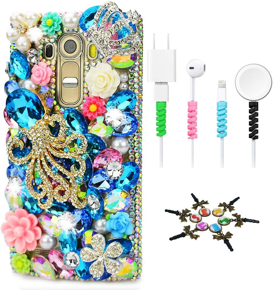 STENES Bling Case Compatible with LG G8 Thinq - Stylish - 3D Handmade Sparkle Series Pretty Rhinestones Design Cover with Cable Protector [4 Pack] - White  STENES Crown Octopus Flowers / Blue Design For Lg G8 Thinq 