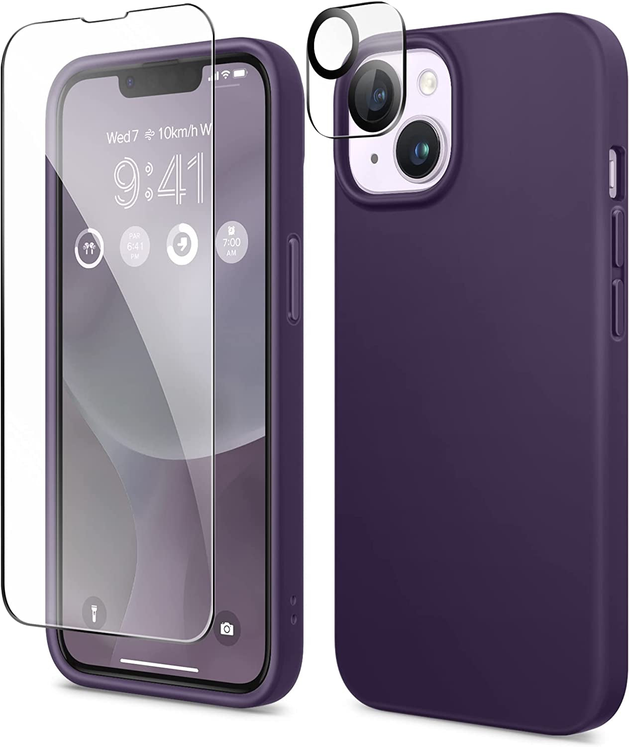 GONEZ for Iphone 14 Case Silicone, with Screen Protector + Camera Lens Protector, [Soft Anti-Scratch Microfiber Lining], Slim Liquid Silicone Shockproof Protective Phone Cover 6.1 Inch, Stone  GONEZ Deep Purple  