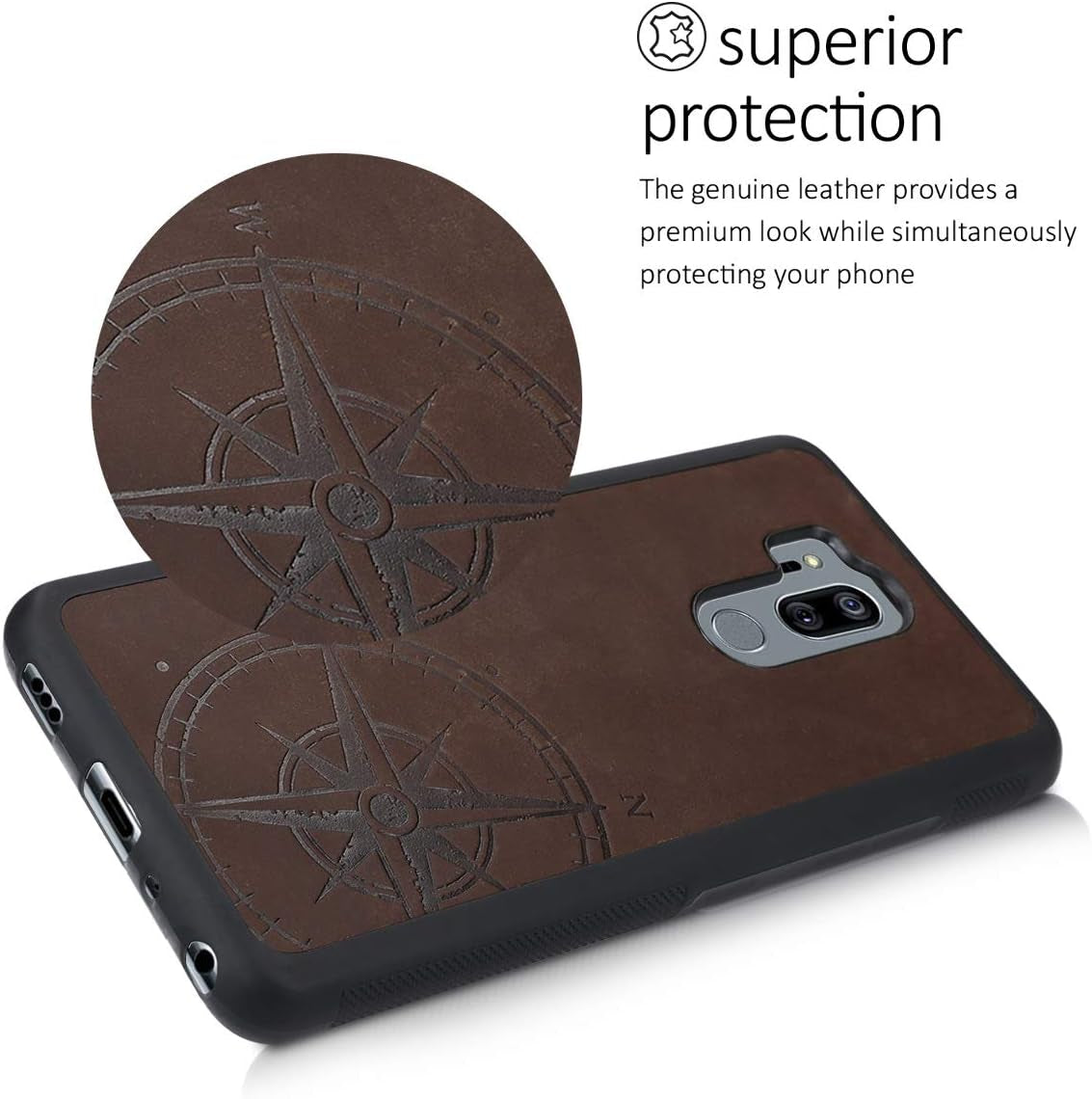Kalibri Case Compatible with LG G7 Thinq/Fit/One - Smooth Genuine Leather Protective Smartphone Cover - Navigational Compass Brown  KW-Commerce   