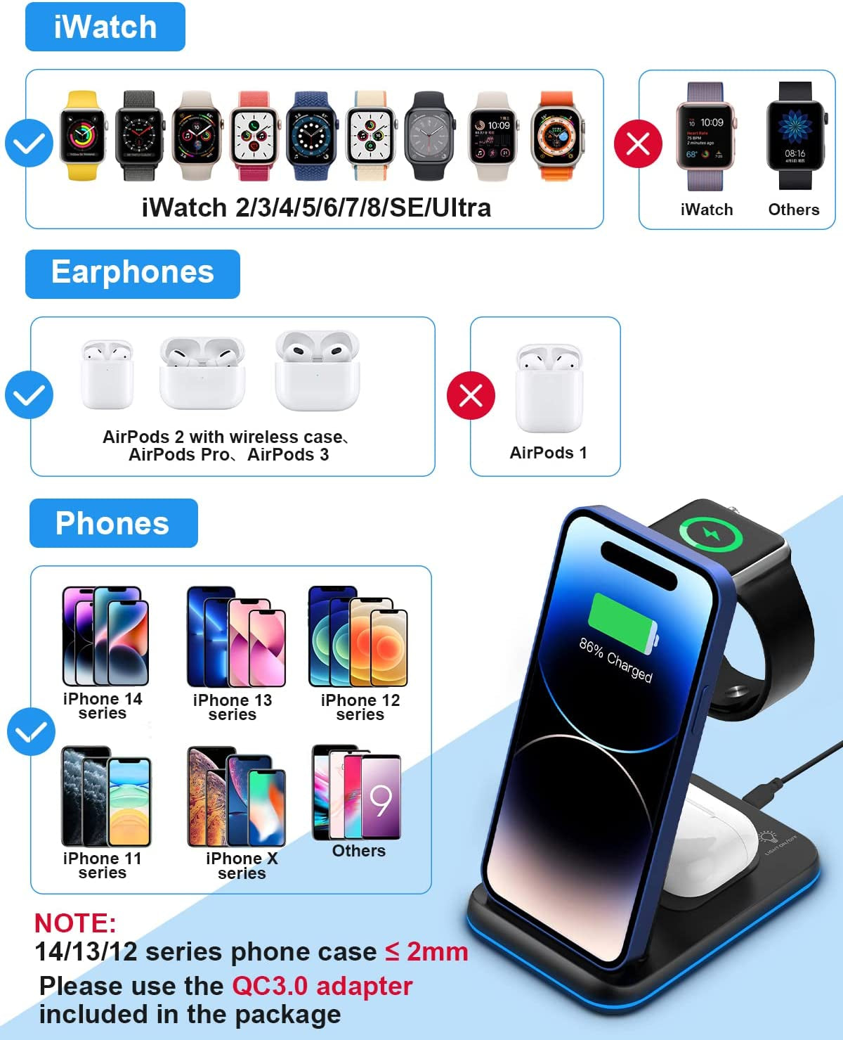 ZUBARR Foldable Wireless Charger for Multiple Devices 3 in 1 Wireless Charging Station for Travel, Compatible with Iphone14 13 12 11/Pro/Xr, Iwatch Charger Forse/8/7/6/5/4/3/2, Airpods Wireless/Pro  ZUBARR   