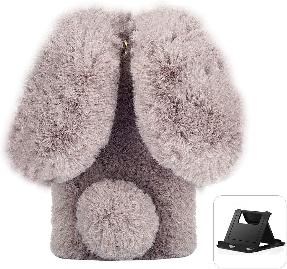 Shinyzone Plush Rabbit Case Compatible with Google Pixel 6 Pro,Fluffy Fuzzy Cute 3D Bunny Ears Soft Warm Case Faux Fur Shockproof TPU Back Cover with Bling Diamond Chic Bowknot,Dark Grey  Shinyzone Gray Google Pixel 6 