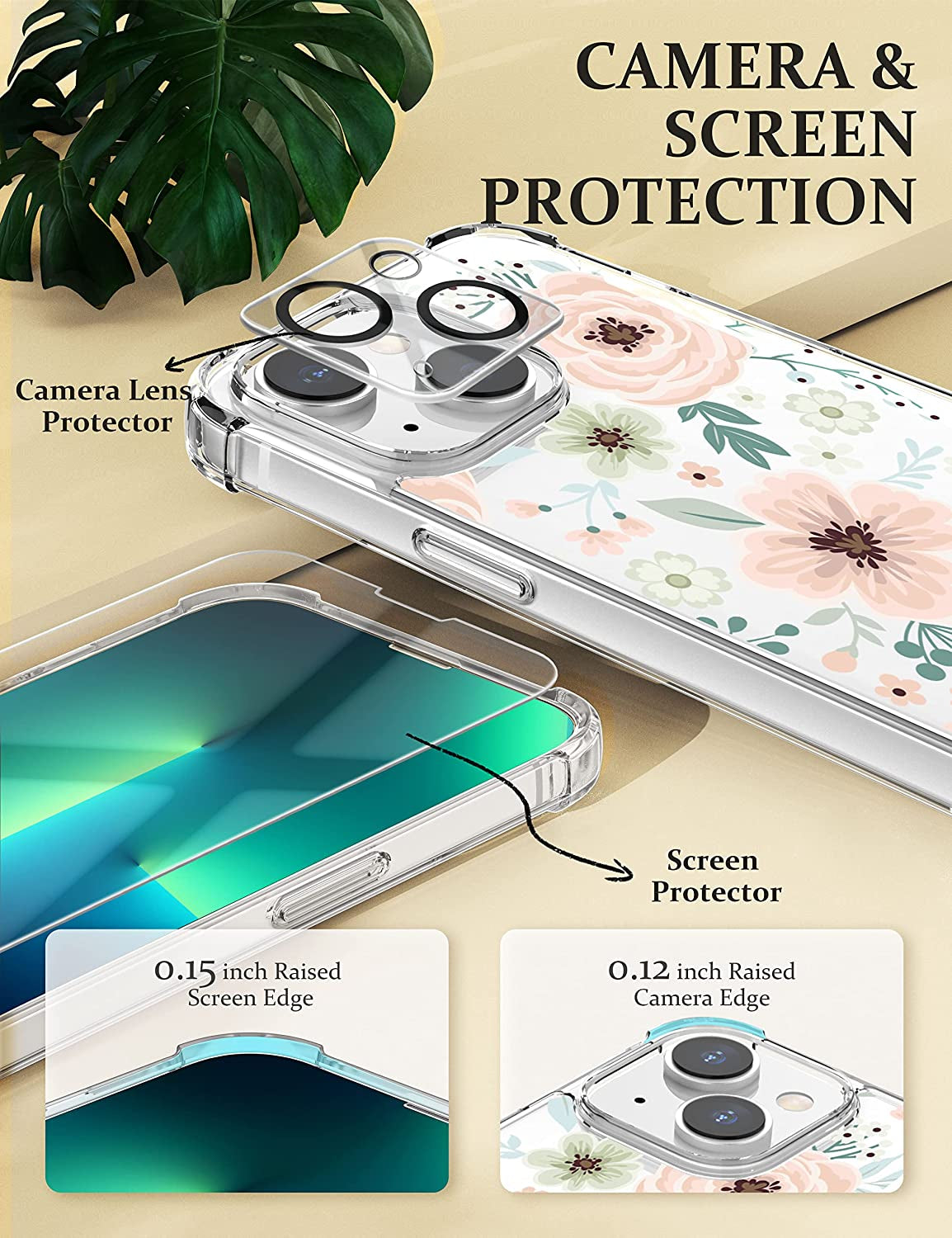 Cutebe [3 in 1 Crystal Phone Case for Iphone 13(2021)/Iphone 14(2022) 6.1", Cute Protective Cover with 9H Temper Glass Screen Protector + HD Temper Camera Lens Protector for Women, Girls  Cutebe   