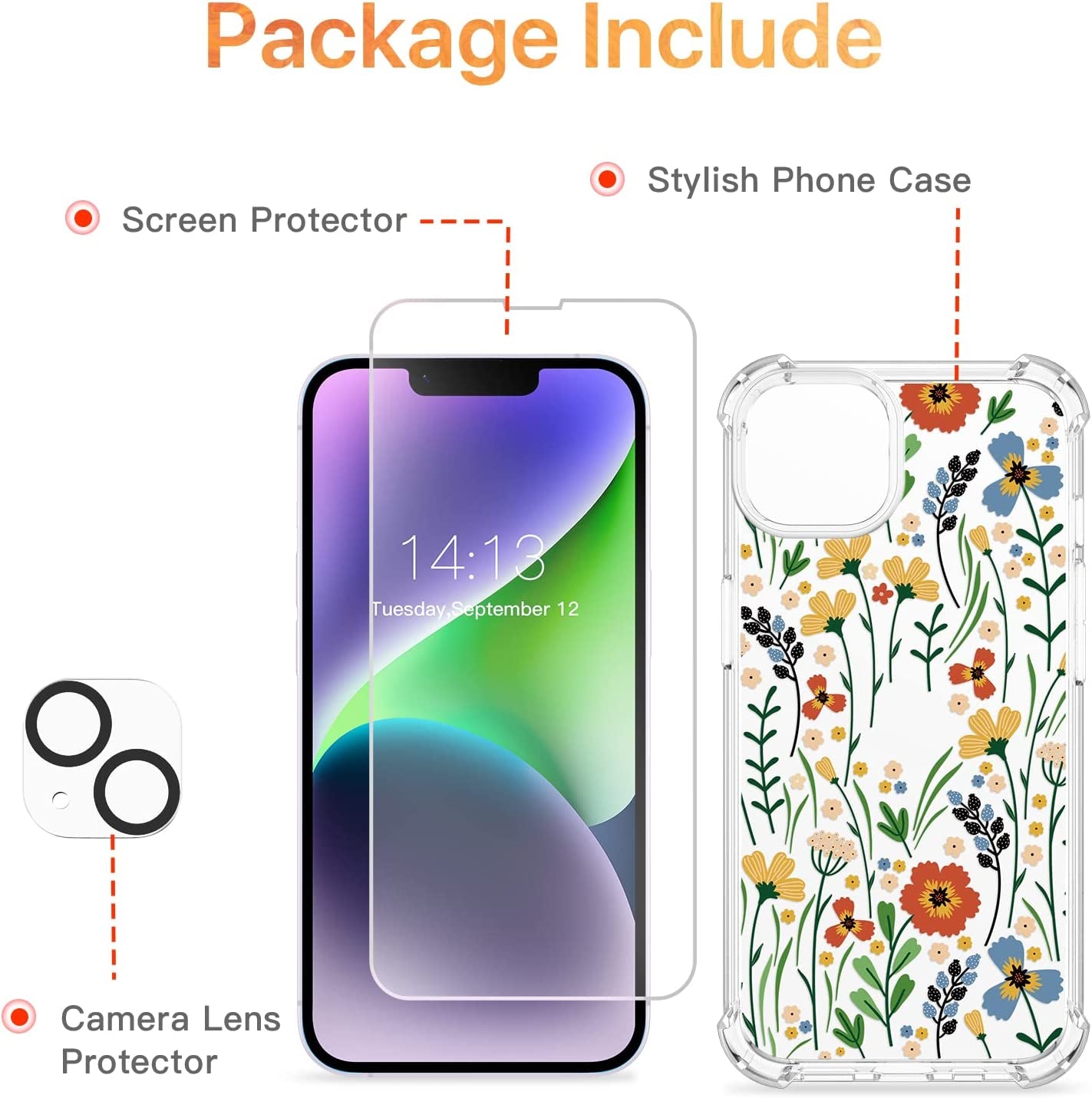 GVIEWIN Compatible with Iphone 14 Case with Screen Protector + Camera Lens Protector, Soft Shockproof Clear Floral Phone Protective Cover for Women, Flower Pattern Design 6.1" (Blooming Flowerets)  GVIEWIN   