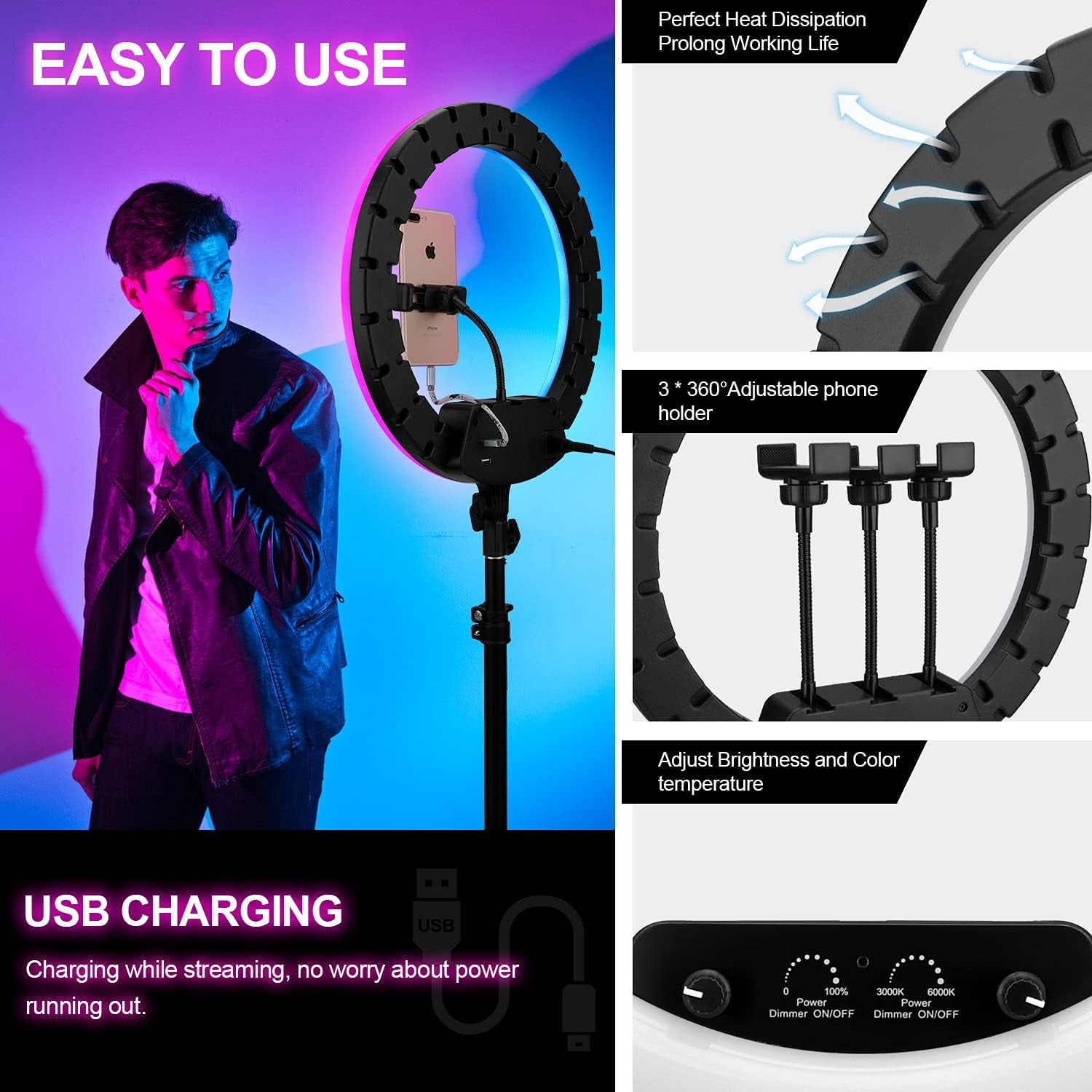 14" Ring Light with Tripod Stand & Phone Holder, Oldshark RGB Selfie Ring Light 15 Colors RGB LED Camera Ringlight for Livestream/Makeup/Youtube/Photography/ Tiktok  OldShark   