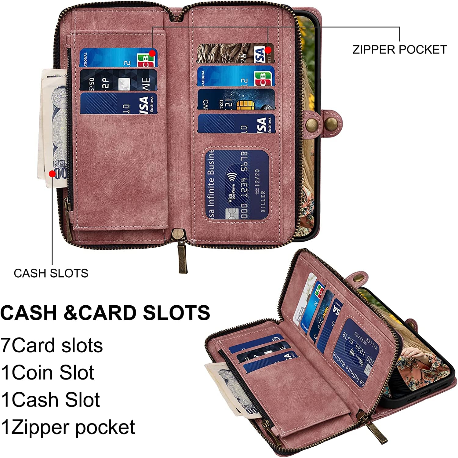 Rssviss for Iphone 12/12 Pro Case Wallet Cover for Women Men, 《RFID Blocking》《Magsafe》Credit Card Holder Leather Strap Zipper Wristlet Iphone 12 Pro Case with Magnetic Shockproof 6.1" Vintage Pink  Rssviss   