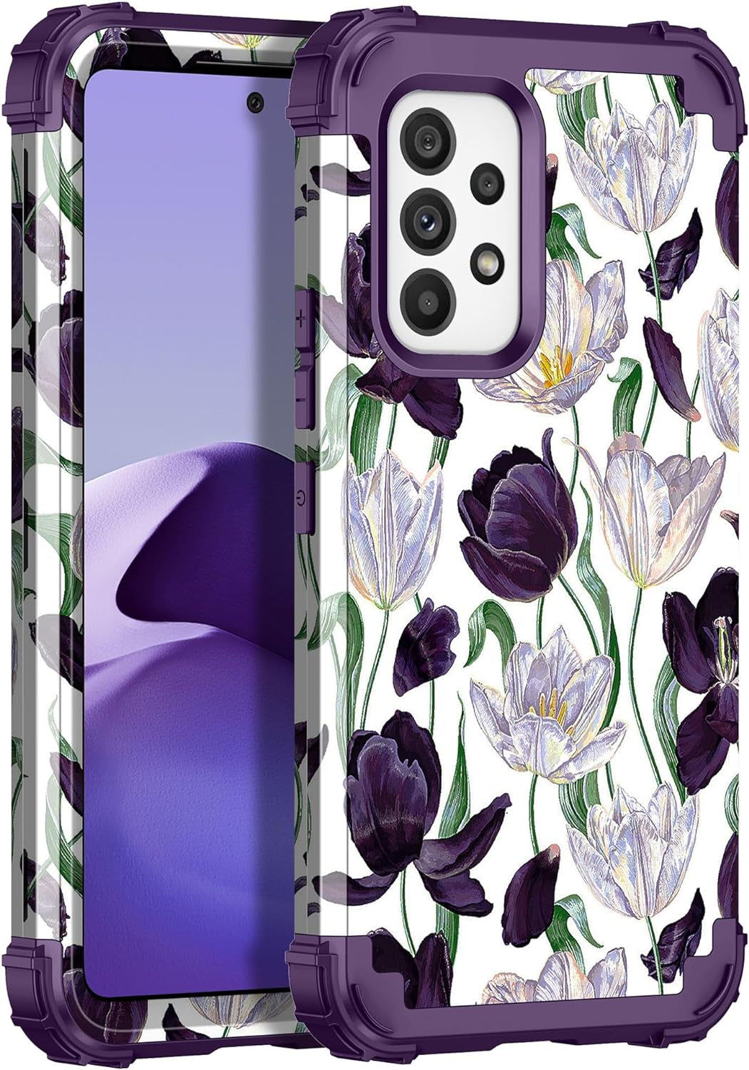 Casetego Compatible with Galaxy A53 5G Case,Floral Three Layer Heavy Duty Sturdy Shockproof Full Body Protective Cover Case for Samsung Galaxy A53 5G,Blue Flower  Casetego White/Purple  