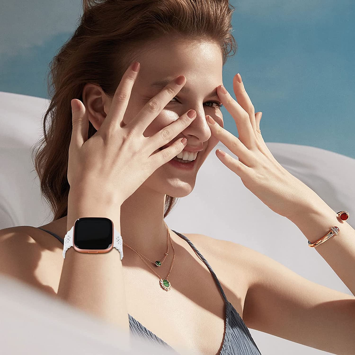 YAXIN 3 Pack Slim Sport Bands Compatible with Fitbit Versa/ Versa 2/ Versa Lite Band for Women,Soft Silicone Lace Replacement Wristbands for Smart Watch,Black/White/Pink Sand  YAXIN   