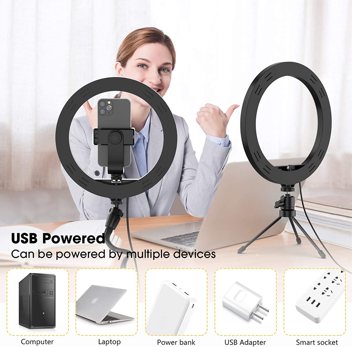 Smatree 10" LED Selfie Ring Light with Flex Clamp Mount & Tripod Stand & Phone Holder,Dimmable Desktop Dual Ring Light Double Lamp Set with 3 Light Modes for Live Streaming/Makeup/Tiktok/Youtube/Vlog  Smatree   
