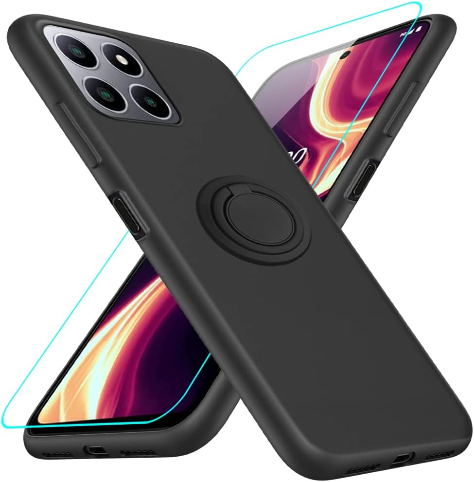 For Motorola Moto G 5G 2023 Phone Case with Glass Screen Protector, 360° Rotatable Ring Holder Magnetic Kickstand/Stand Silicone TPU Shockproof Protective Cover Case for Motorola Moto G 5G - Black  Nijiadi Boost Celero 5G Plus Black  