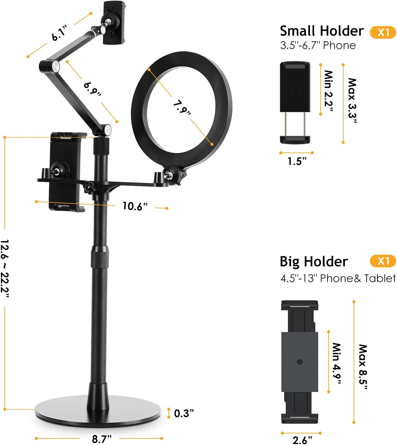 Supedesk Selfie Ring Light Phone Tablet Stand, 8" LED, 3-In-1, Overhead Phone Stand, Compatible with 4.5-13" Phone&Tablet, Adjustable Long Arm, Youtube/Tiktok Video, Zoom, Live Stream  SupeDesk   