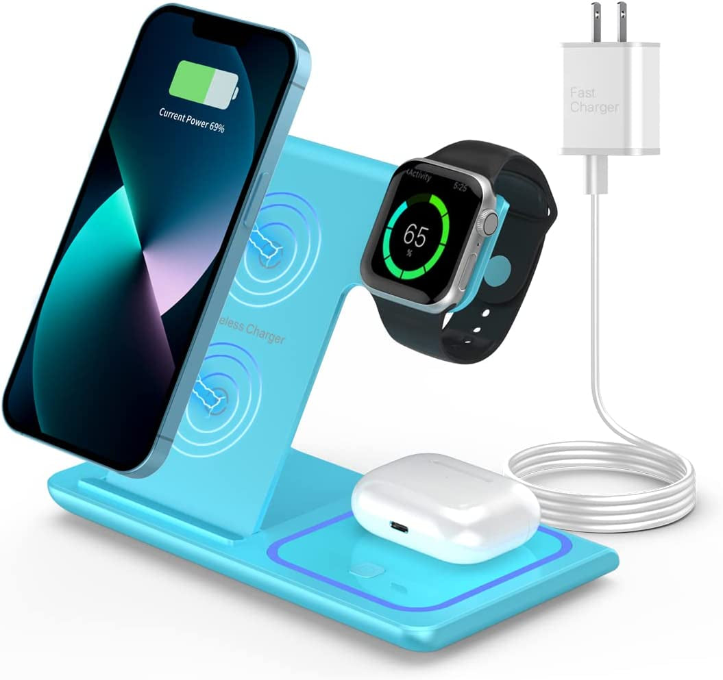 Wireless Charger,Rui MAI LAI 3 in 1 Wireless Charger Station for Apple Iphone/Iwatch/Airpods,Iphone 13/12/11 (Pro, Pro Max)/Xs/Xr/Xs/X/8(Plus),Iwatch 7/6/Se/5/4/3/2,Airpods 3/2/Pro  XuHui Blue  