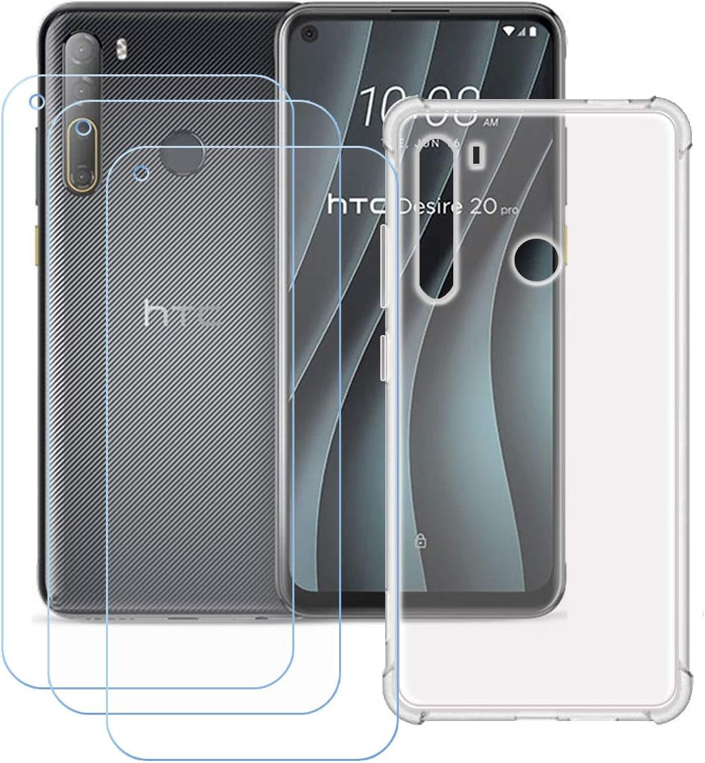 YZKJ Case for HTC Desire 20 Pro Cover + 3 X Screen Protector Tempered Glass Protective Film - Soft Gel Transparent TPU Silicone Protection Case for HTC Desire 20 Pro (6.5")  YZKJ   
