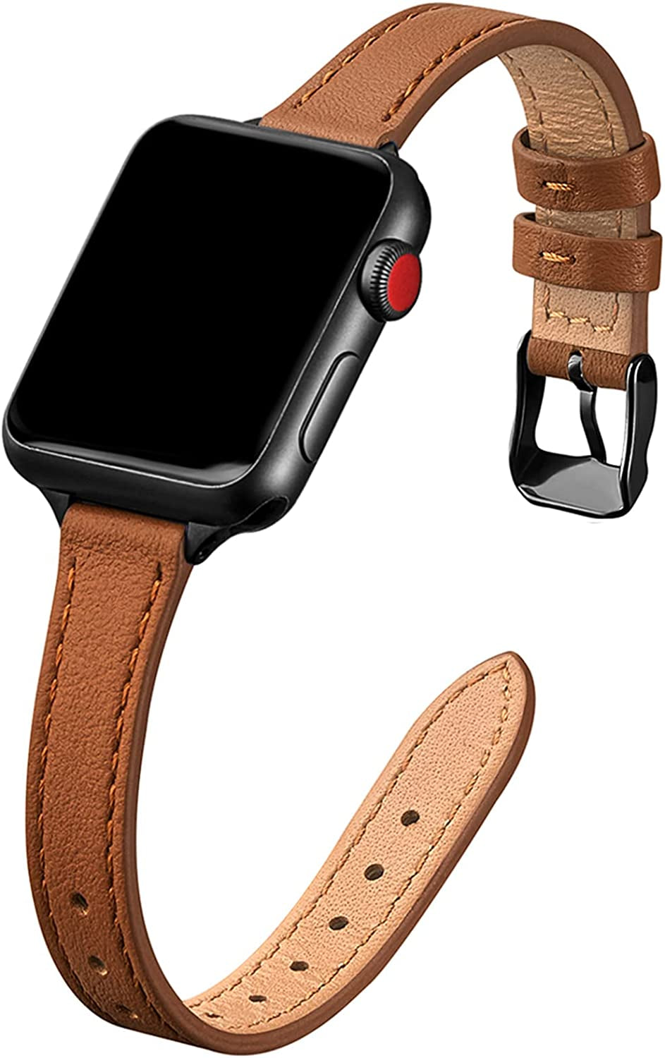 STIROLL Slim Leather Bands Compatible with Apple Watch Band 38Mm 40Mm 41Mm 42Mm 44Mm 45Mm 49Mm, Top Grain Leather Watch Thin Wristband for Iwatch Ultra SE Series 8/7/6/5/4/3/2/1  STIROLL Brown with Black 42mm/44mm/45mm/49mm 