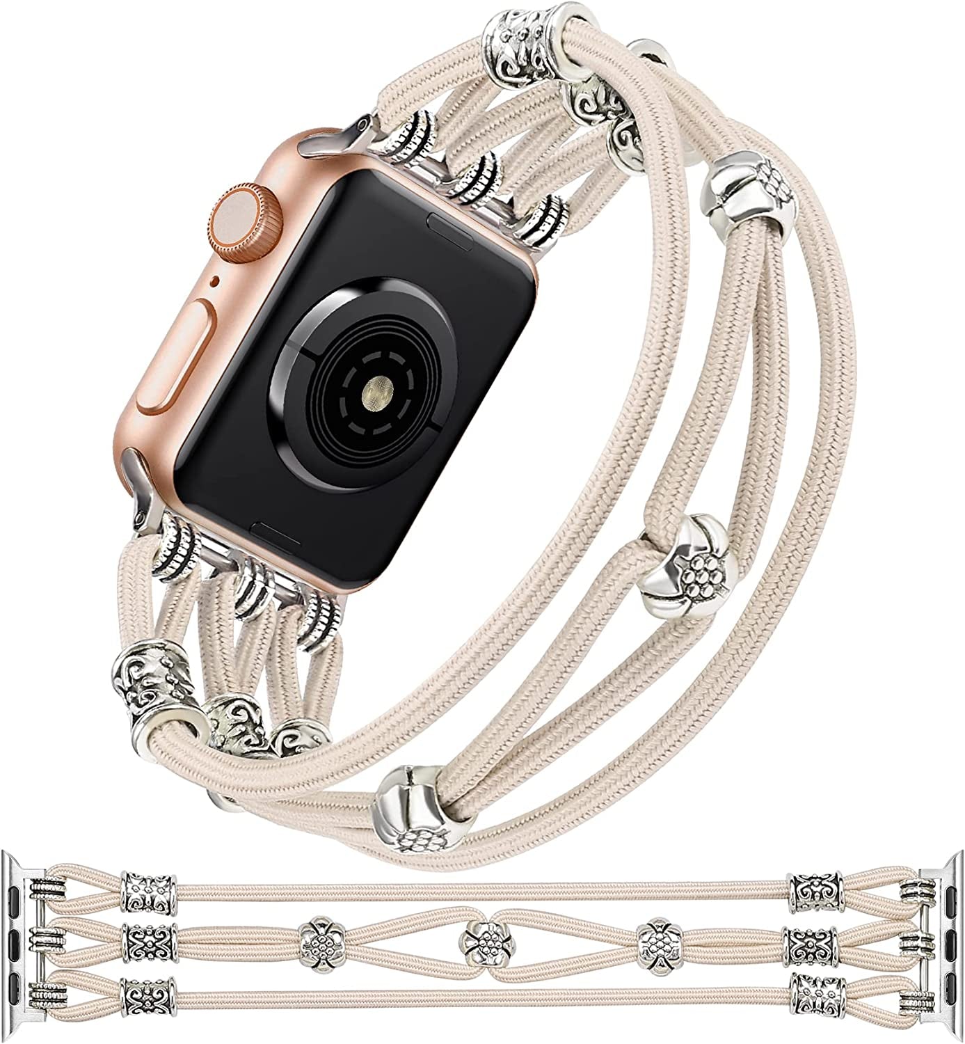 TOYOUTHS Beaded Bracelet Compatible with Apple Watch Band 38Mm 40Mm 41Mm Women, Premium Braided Nylon Elastic Stretchy Boho Cute Fancy Charms Solo Loop Strap for Iwatch Series 8/SE/7/6/5/4/3/2/1, M  TOYOUTHS Starlight 38mm/40mm/41mm M 