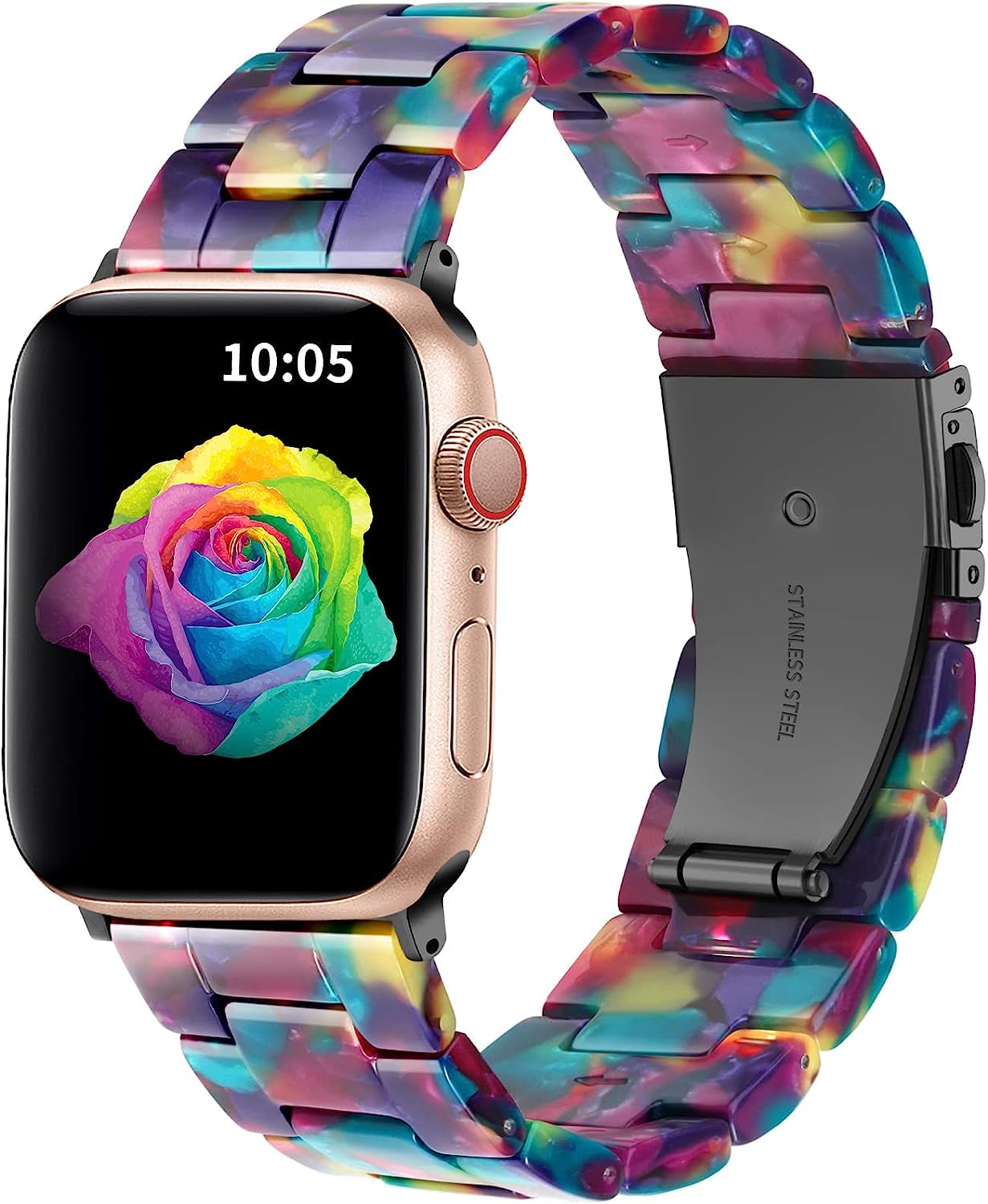 GEAK Resin Strap Compatible with Apple Watch Band 40Mm 38Mm 44Mm 42Mm 41Mm 45Mm Women Men, Light Resin Bracelet Iwatch Bands with Stainless Steel Buckle Replacement for Iwatch Series 7 6 5 4 3 2 1 SE  GEAK Purple Green Flower 38mm/40mm/41mm 