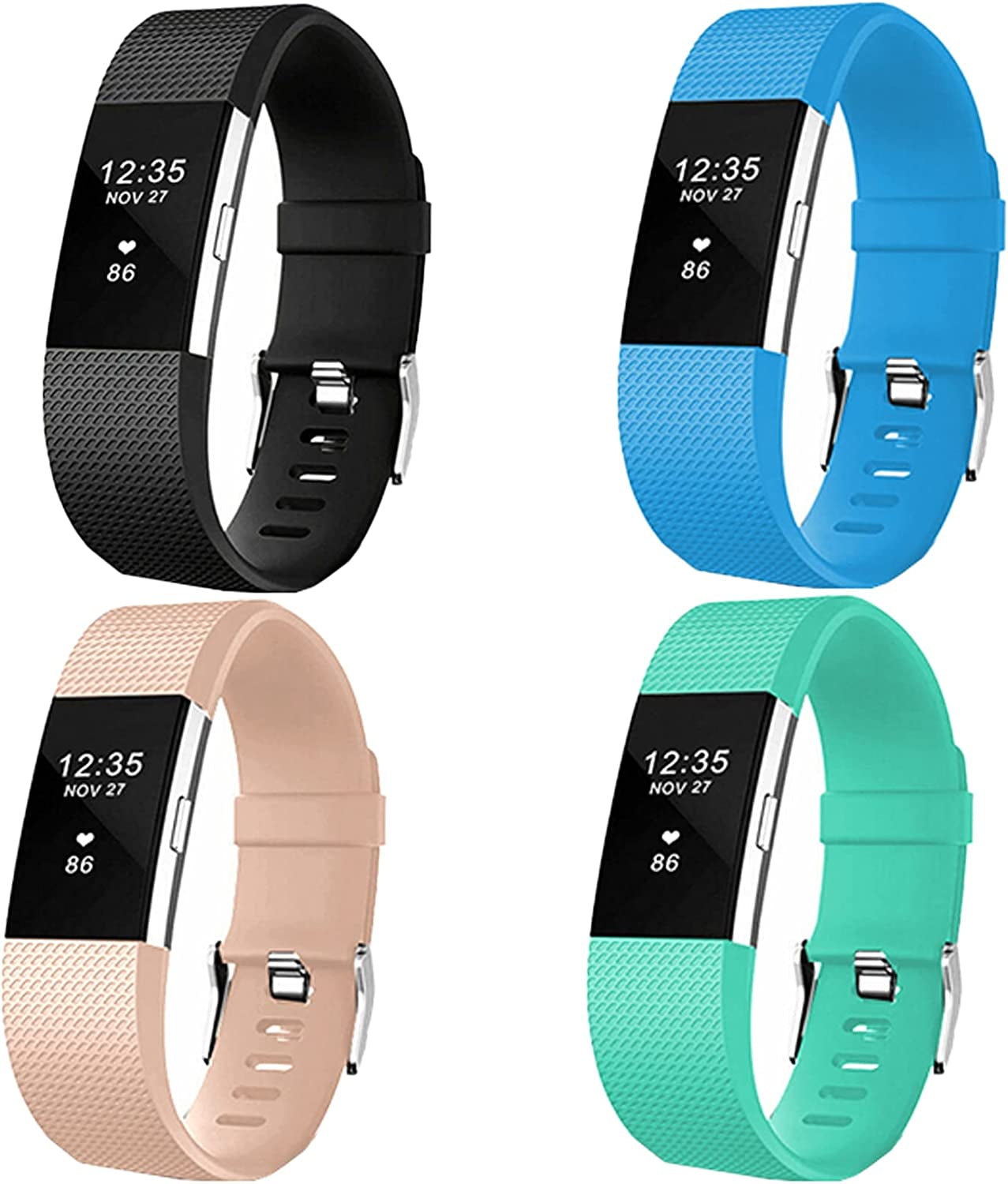 【4 Pack】 Bands for Fitbit Charge 2 Silicone Finess Sport Wristbands Replacement Bands for Fitbit Charge 2 for Women Men Large  Cone Black+Sky Blue+Pink+Lake Blue Large 