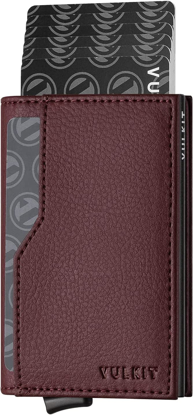 VULKIT Card Holder with ID Window Pop up Cards Slim Leather Wallet RFID Protection up to 12 Cards Card Case  VULKIT Dark Red  