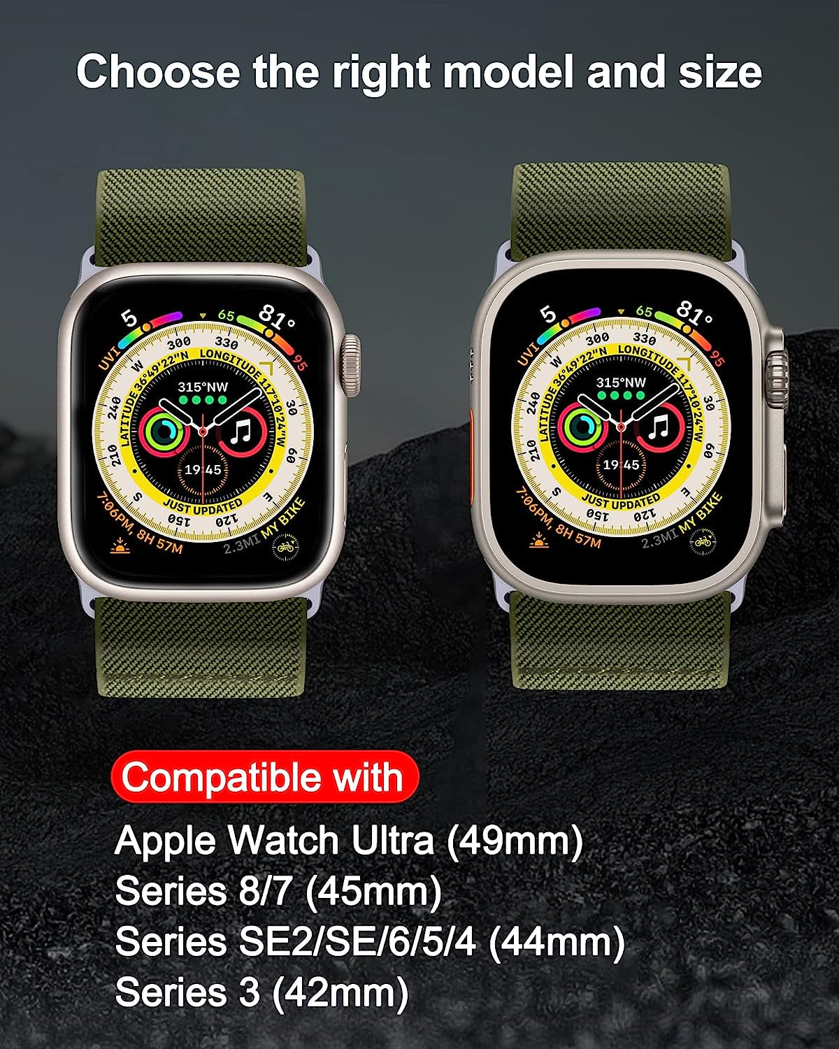 GZ GZHISY 3 Pack Wider Nylon Band Compatible with Apple Watch Ultra 49Mm, Series 8/7 45Mm, Series SE/6/5/4 44Mm and Series 3/2/1 42Mm, Men Women Sport Iwatch Band Stretchy Braided Elastics Solo Loop Strap  GZ GZHISY   