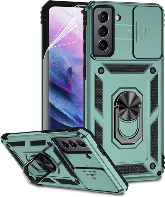 For Samsung Galaxy S21 Case with Camera Lens Cover Screen Protector, Dual Layer Military-Grade Drop Tested Magnetic Ring Holder Kickstand Protective Phone Case for Samsung Galaxy S21 5G (Dark Green)  JINZHI Inc   