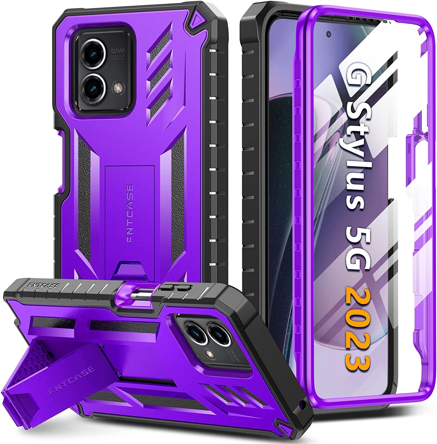 FNTCASE for Motorola Moto G-Stylus-5G-2023 Case: Shockproof Military Grade Protective Phone Cover with Kickstand - Rugged Hybrid Matte Textured Dual Layer Full Protection - 6.6 Inch Black  FNTCASE Purple  