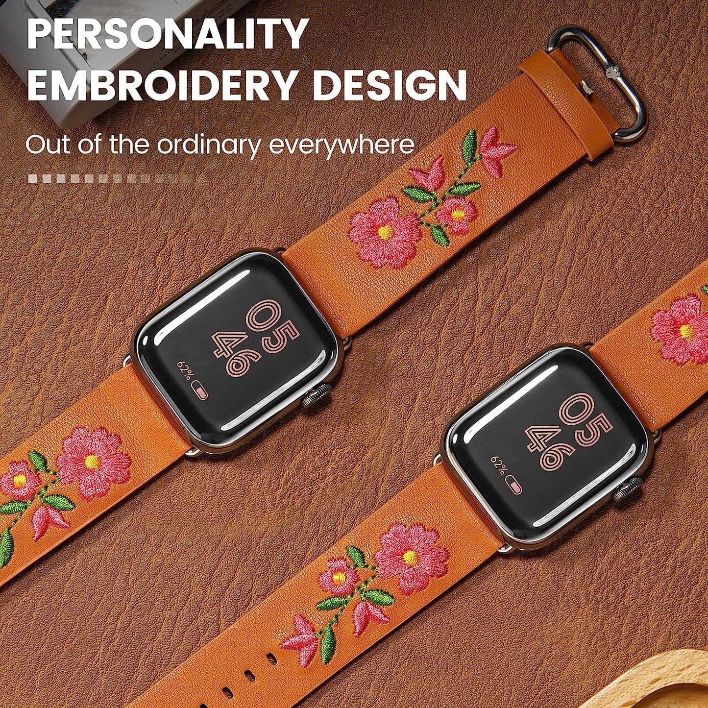 FENICHI Leather Watch Bands for Apple Watch 44Mm 38Mm 40Mm 41Mm 42Mm 45Mm 49Mm Personality Embroidery Elegant Wristbands for Iwatch Series 8 7 6 5 4 3 2 1 Se Ultra Band Women Girl Lady  FENICHI   
