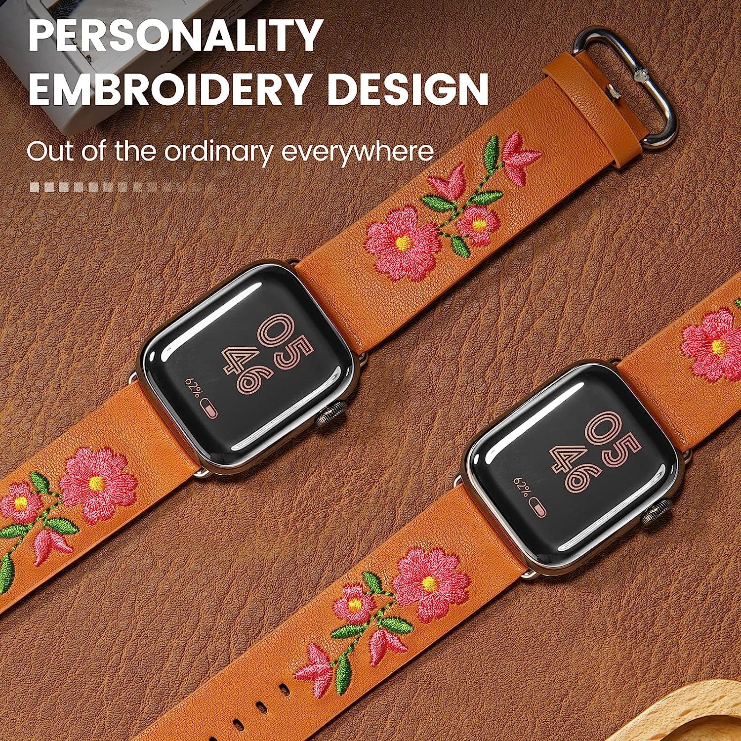 FENICHI Leather Watch Bands for Apple Watch 44Mm 38Mm 40Mm 41Mm 42Mm 45Mm 49Mm Personality Embroidery Elegant Wristbands for Iwatch Series 8 7 6 5 4 3 2 1 Se Ultra Band Women Girl Lady  FENICHI   