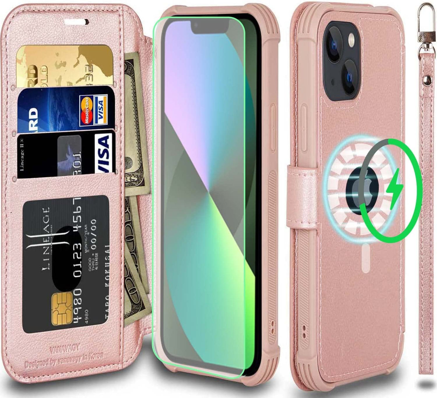 VANAVAGY Iphone 13 Mini Wallet Case Magsafe,Leather Flip Folio Phone Cover Supports Magsafe and Wireless Charging with RFID Block Card Holder and Wrist Strap,Forest Green  VANAVAGY Rose gold  