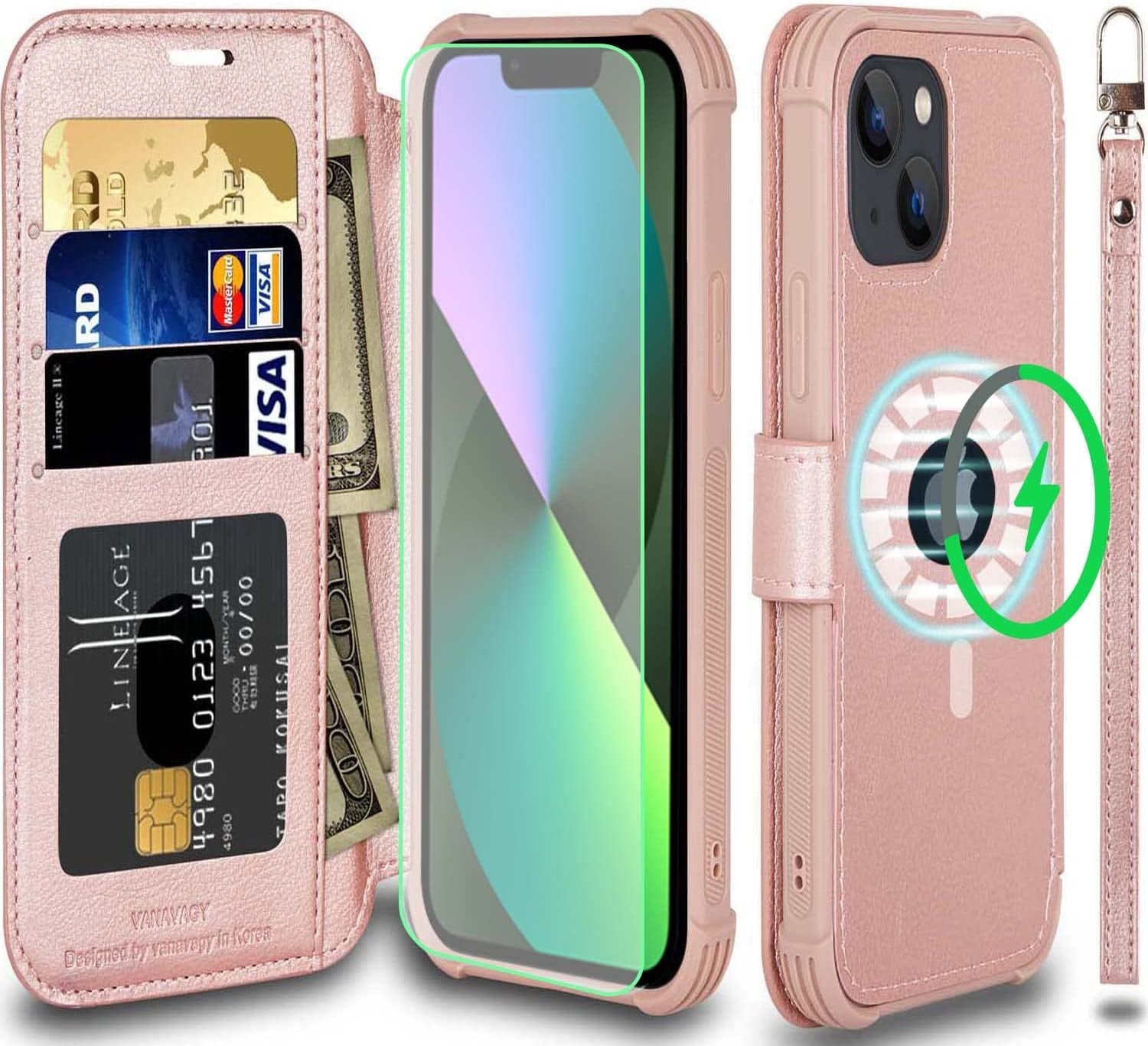 VANAVAGY Iphone 13 Mini Wallet Case Magsafe,Leather Flip Folio Phone Cover Supports Magsafe and Wireless Charging with RFID Block Card Holder and Wrist Strap,Forest Green  VANAVAGY Rose gold  