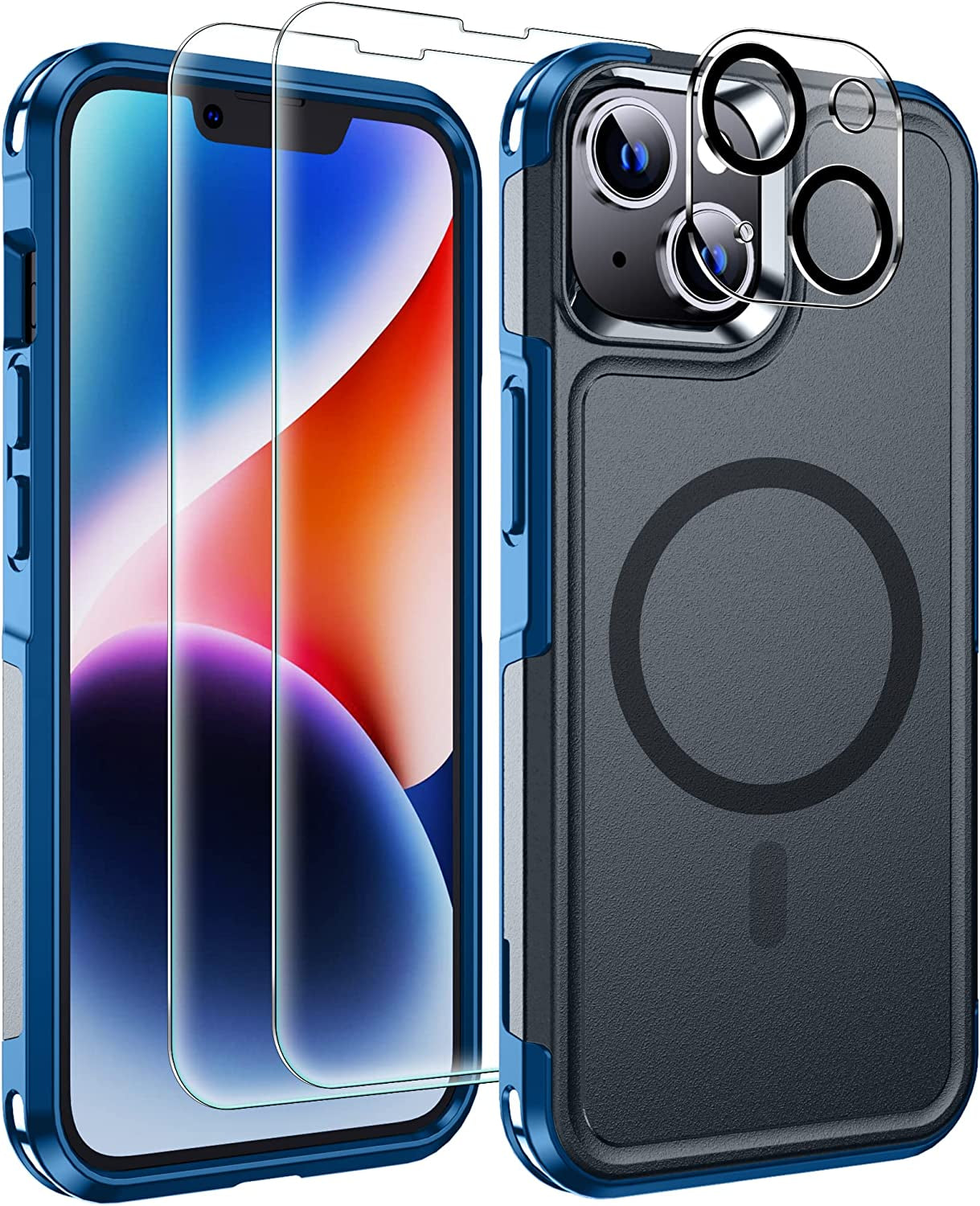 Xiwxi Magnetic for Iphone 14 Case [Compatible with Magsafe][Military Grade Drop Protection] [Glass Screen Protector+Camera Lens Protector] Non-Slip Full-Body Shockproof Phone Case,Pink  xiwxi Blue  