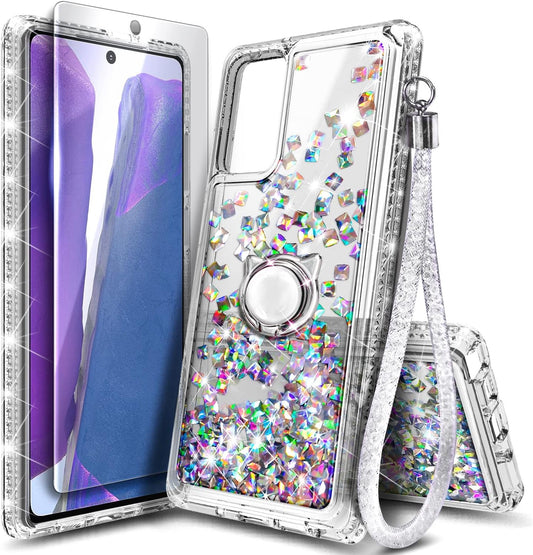 NGB Supremacy Compatible with Samsung Galaxy Note 20/Note 20 5G Case with Tempered Glass Screen Protector, Ring Holder/Wrist Strap, Glitter Liquid Bling Sparkle Floating Girls Cute Case (Gem)  NGB Supremacy   