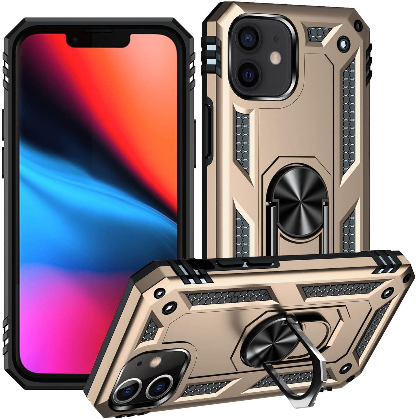 ADDIT Military Grade Iphone 12 Pro Max Case - 6.7" Slim Fit, Heavy Duty Protection, Rotatable Magnetic Kickstand, TPU & Polycarbonate, Black  ADDIT Gold Iphone 12 Mini [5.4"] 