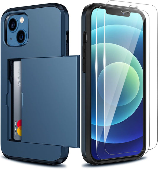 ZUSLAB Wallet Case Compatible with Apple Iphone 13 2021 Phone Case with Card Holder Shockproof anti Scratch Cover with Tempered Glass Screen Protectors[X2Pack] Dark Blue  ZUSLAB   