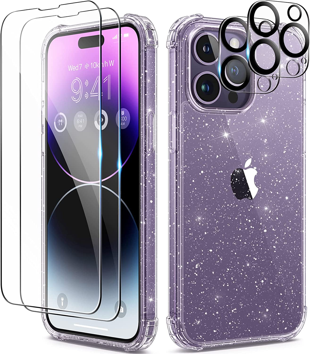 BERFY Glitter Case for Iphone 14 Pro Max, with 2Pcs Screen Protector+2Pcs Camera Protector, [Non-Yellowing] Clear Bling Sparkle Cute Shockproof Phone Case for Women, 6.7 Inch Cover, Glitter Clear  BERFY   