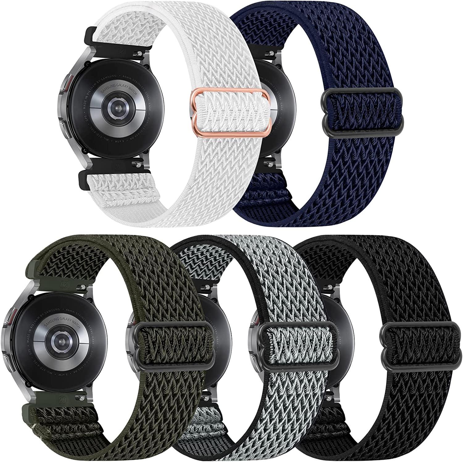5 Pack Stretchy Nylon Watch Bands Compatible with Samsung Galaxy Watch Active 2 Bands 40Mm 44Mm/Active 40Mm/Galaxy Watch 3 41Mm/Galaxy Watch 42Mm/Gear S2/Galaxy Watch 4 Fabric 20Mm Wristband  MEULOT Black/White/Grey/Army Green/Blue  