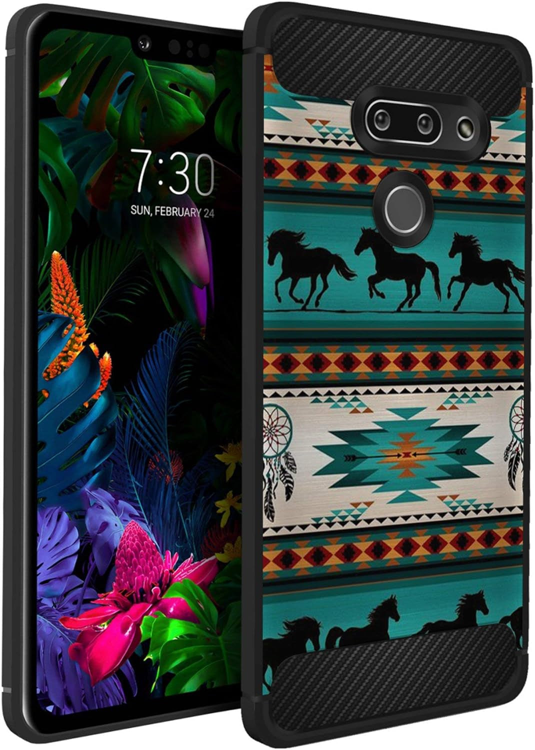 Casesondeck Case Compatible with [LG G8 Thinq/Lg G8] Tribal Floral Matte TPU Flexible Carbon Fiber Textured (Buffalo Western)  CasesonDeck Horse Tribal  