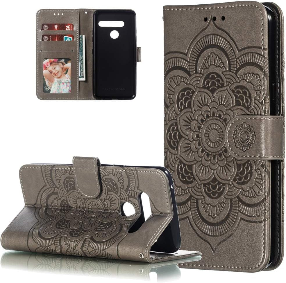 HMTECHUS LG G8 Thinq Case Embossing Durable Shell Card Slots Holder Luxury PU Leather Wallet Bookstyle Magnetic Stand Shockproof Protection Flip Cover for LG G8 / G8S / G8 Thinq Mandala Gray LD  HMTECHUS   