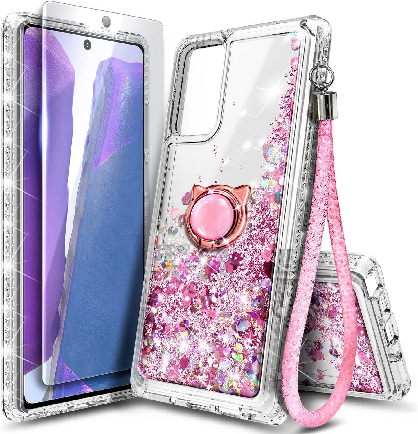 NGB Supremacy Compatible with Samsung Galaxy Note 20/Note 20 5G Case with Tempered Glass Screen Protector, Ring Holder/Wrist Strap, Glitter Liquid Bling Sparkle Floating Girls Cute Case (Gem)  NGB Supremacy Rose Gold  