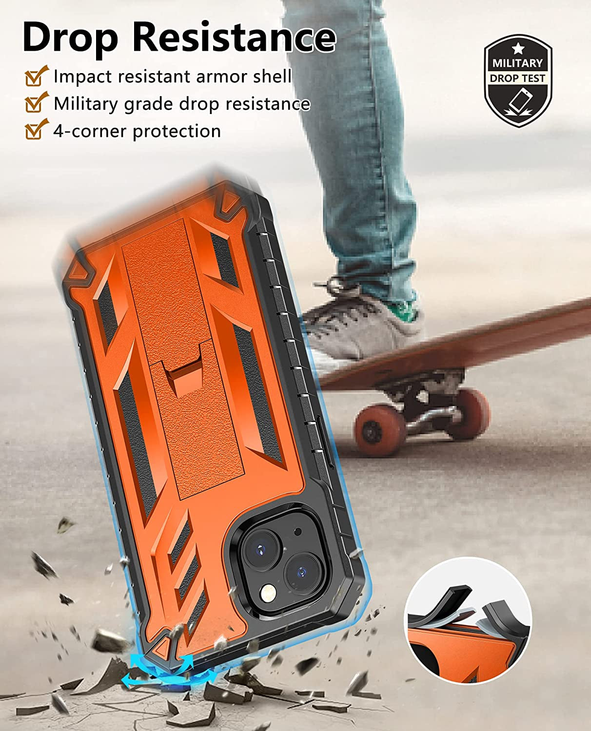 For Iphone 13 Case Protective Cover: Iphone 14 Case Heavy Duty Military Grade Hard Protection Shock Proof Grip | Durable Dual-Layer Design Iphone 13-14 Phone Case with Built-In Kickstand Orange  DAMAI   