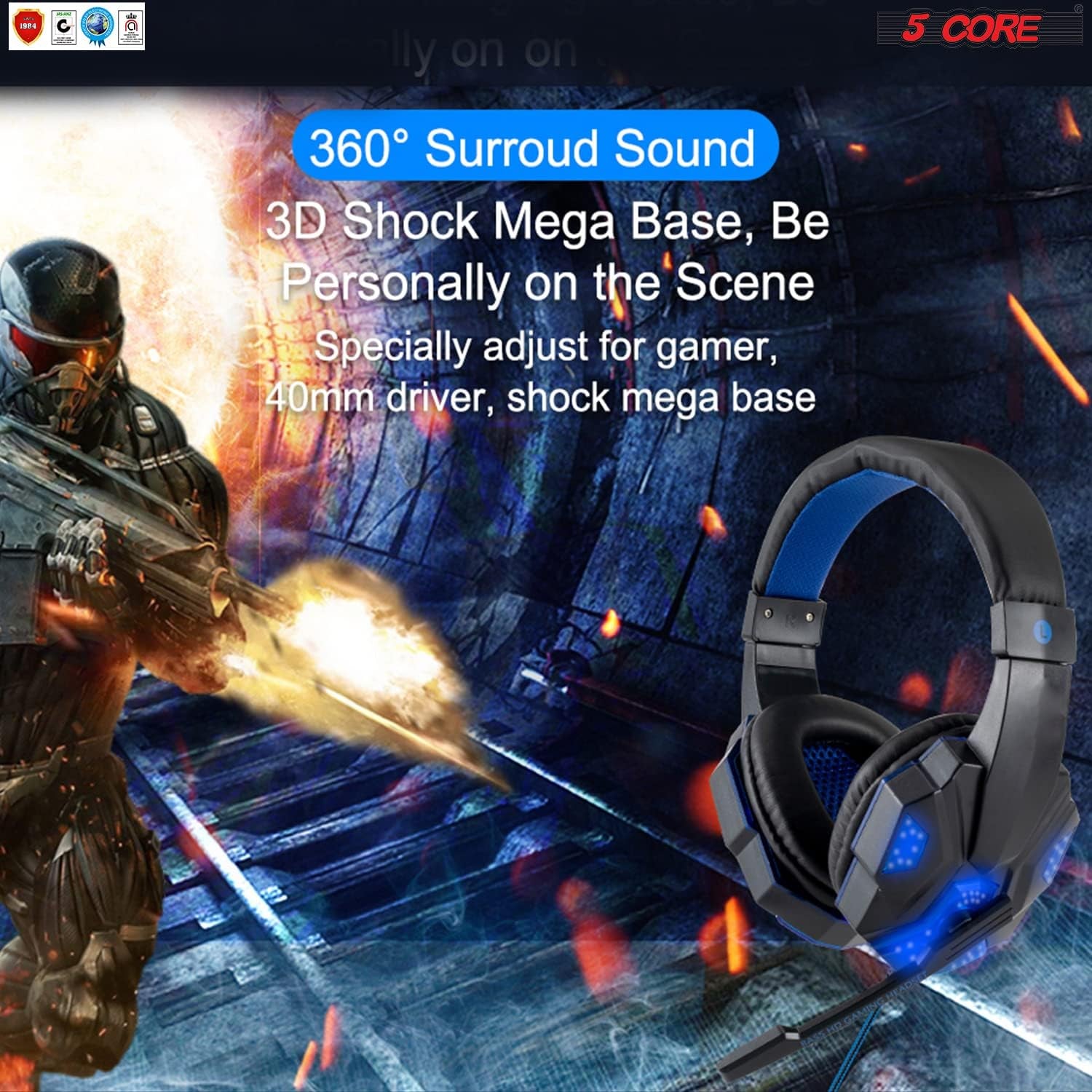 5 CORE 2Pcs Gaming Headset for PS4 PC One PS5 Console Controller, Noise Cancelling Microphone over Ear Stereo Earphones with Mic, LED Light, Bass, Earmuffs for Laptop NES Games Red & Blue HDP GM1 R+B  5 Core Inc.   