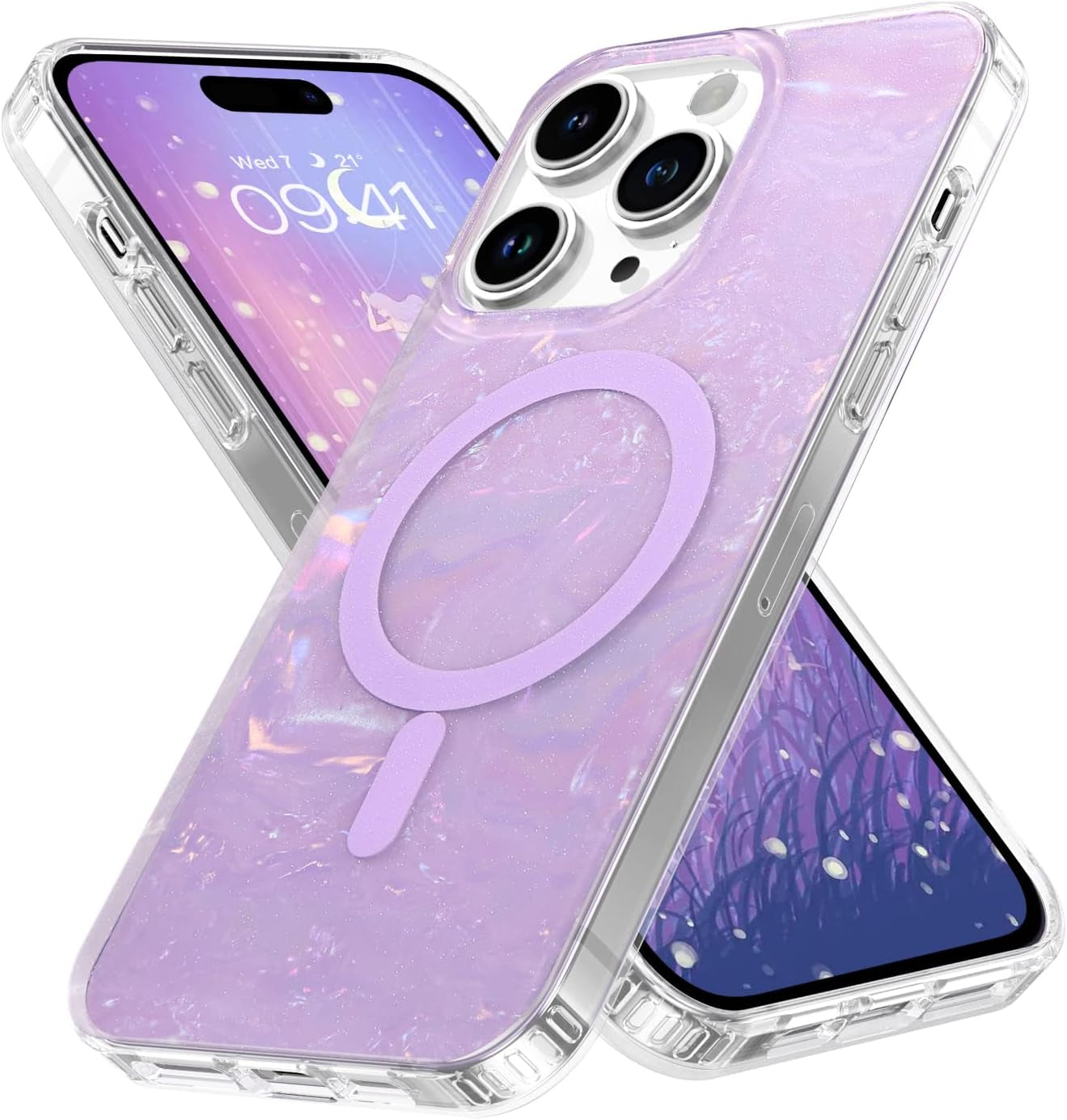 YINLAI Case for Iphone 14 Pro Max,[Compatible with Magsafe],Pearl Glitter Magnetic Slim Bling Sparkly Mother-Of-Pearl Seashell Women Girls Girly Soft Shockproof Protective Phone Cover 6.7 Inch,Purple  YINLAI   