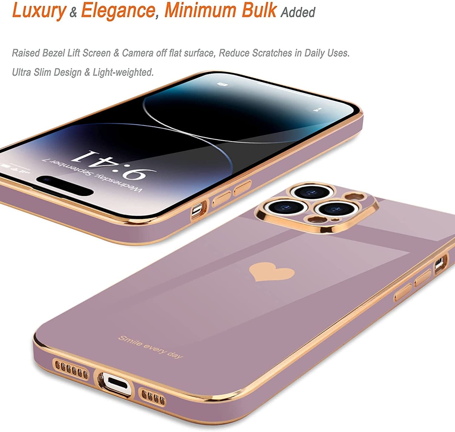 Teageo for Iphone 14 Pro Case for Women Girl Cute Love Heart Luxury Plating Soft Bling Back Cover Raised Full Camera Protection Bumper Silicone Shockproof Phone Case for Iphone 14 Pro, Lavender  janzee   